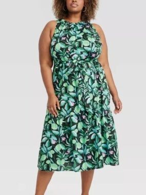 Ava & Viv Green Tropical Floral Sleeveless Tiered Dress with pockets. Sz 1X